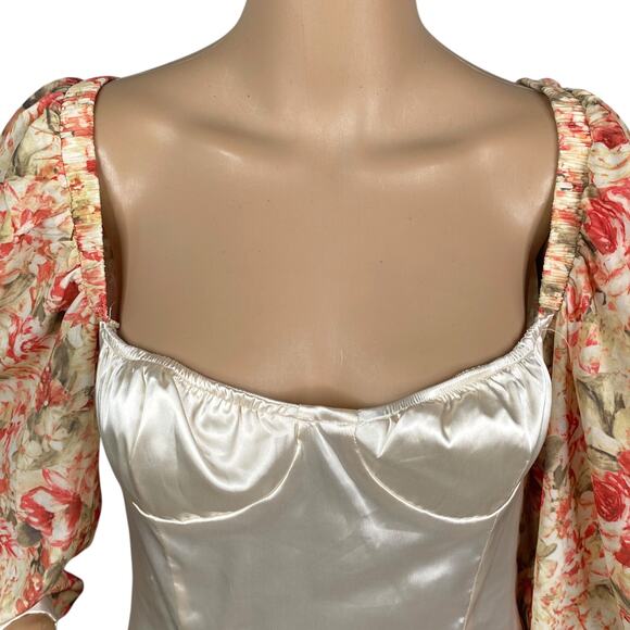 Cider NEW Museum Date Floral Puff Sleeve Satin Bustier Mini Dress SZ M - Picture 4 of 9